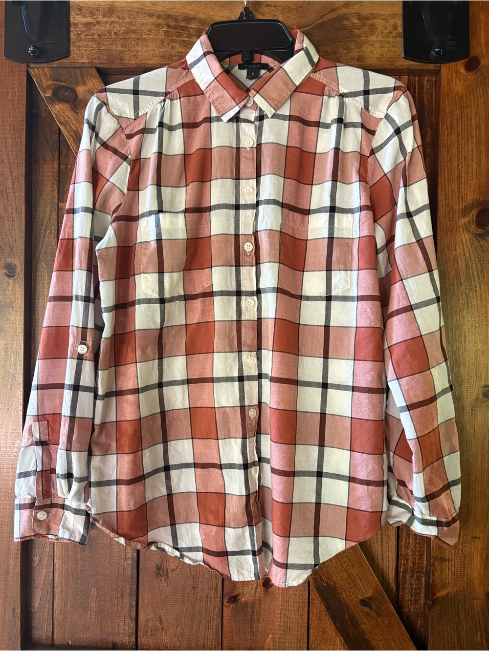 Ann Taylor Factory Rust and White Plaid Button-Down Shirt
